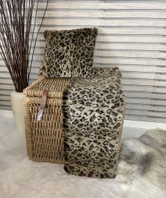 Leopard print fur blanket with fur cushion