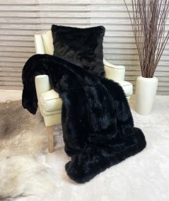 Plain black fur sofa throw with matching fur cushion