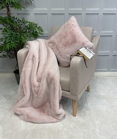 Plain pink faux fur bedspread with matching cushion