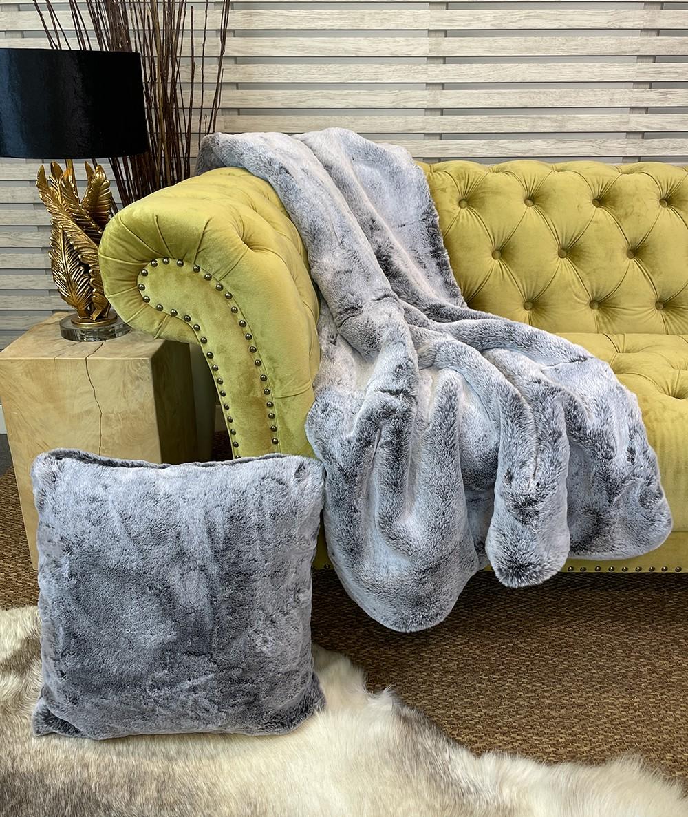 Extra large luxury faux fur sofa throw with faux fur cushion