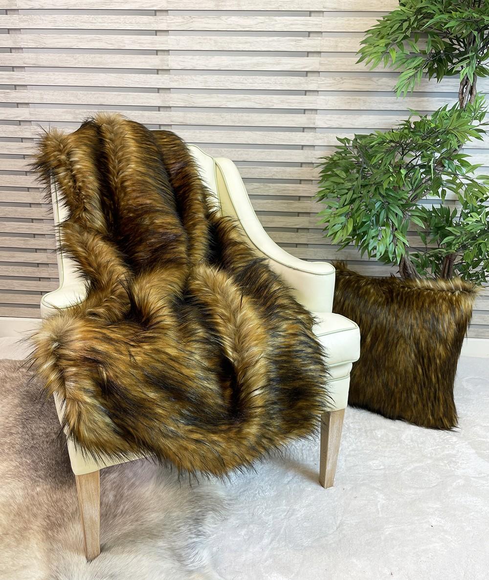 Luxury long haired faux fur throw and matching fur cushion in the Red Fox design