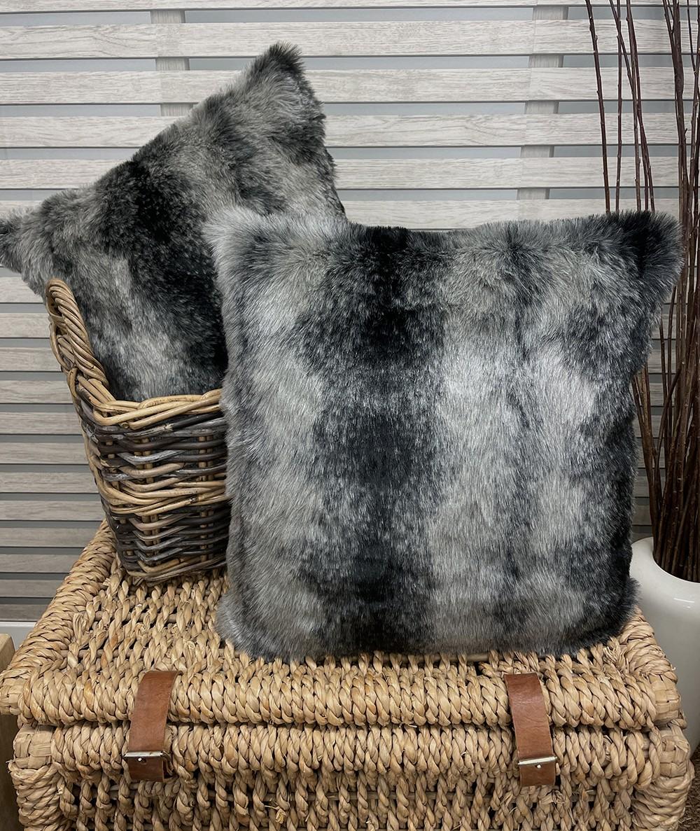 Economy striped cushion in Black Wolf design faux fur