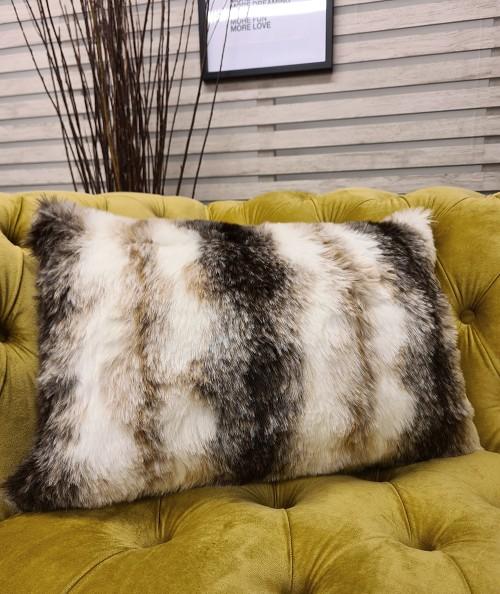 Brown and cream striped rectangular fake fur cushions