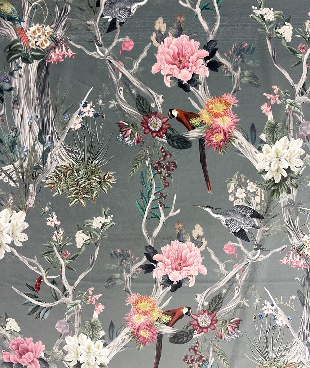 Close up image of the Chinoiserie design printed velvet fabric