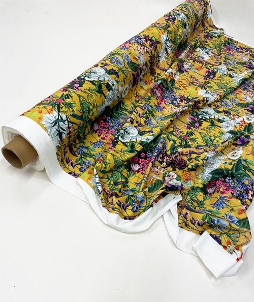 Multicoloured floral printed velvet on a yellow base