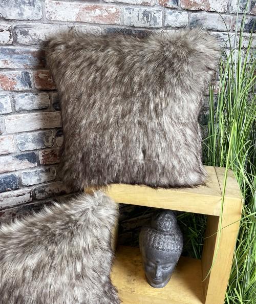 Long haired brown faux fur wolf cushions