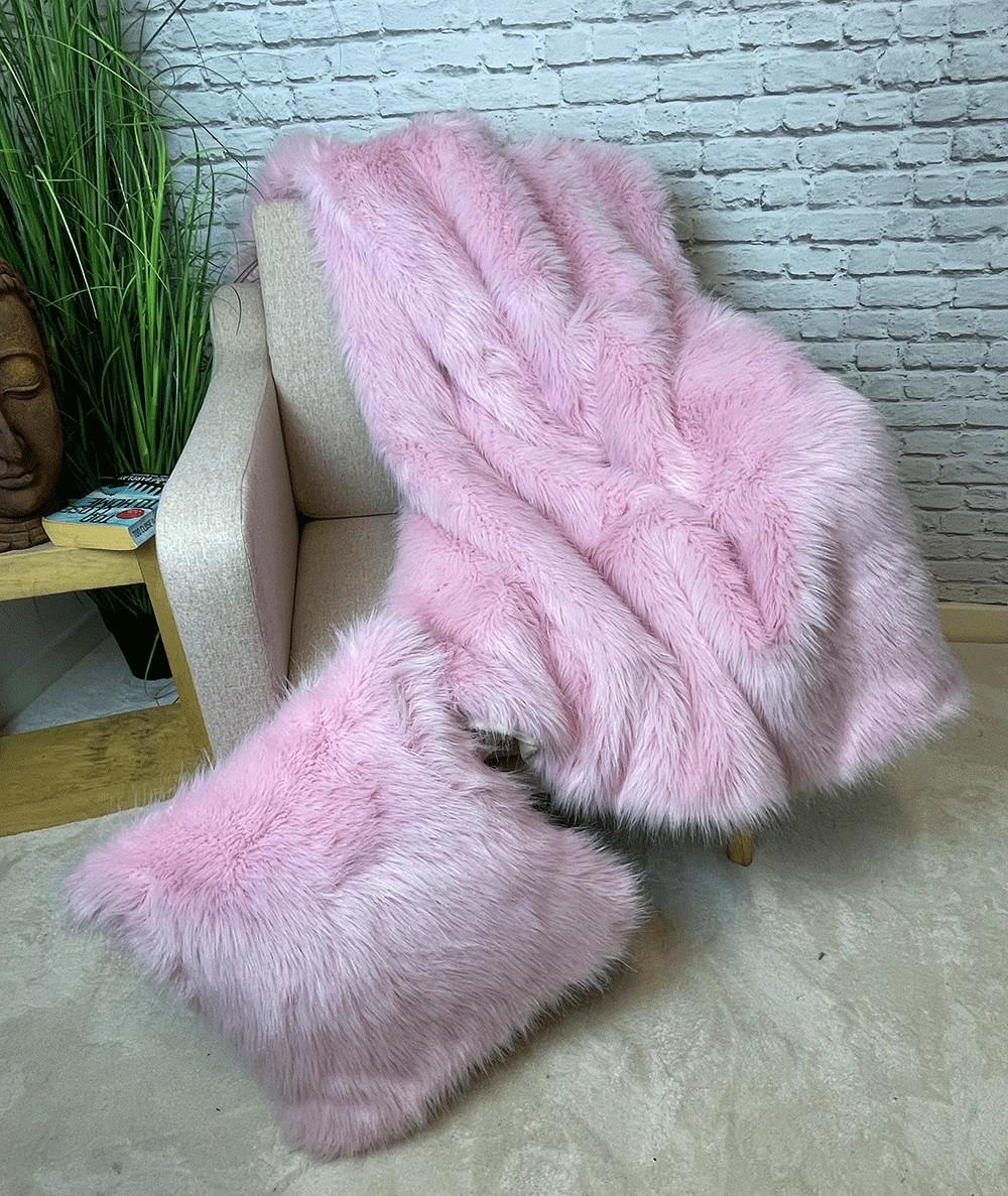 Luxury pink fake fur sofa throw and cushions